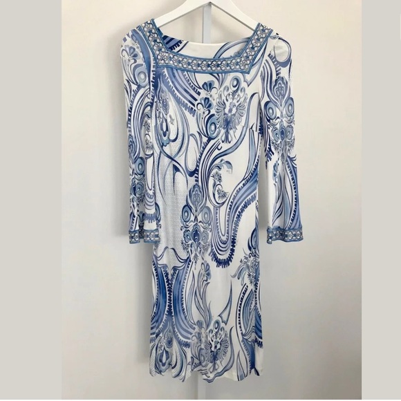 EMILIO PUCCI BLUE WHITE BELL SLEEVE SQUARE NECK DRESS SIZE IT 40 / US 6 - Picture 4 of 16